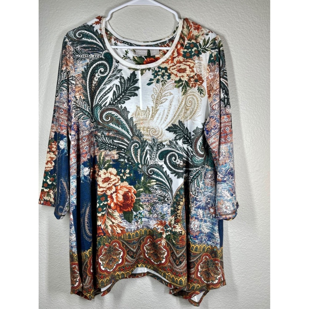 Chicos Zennergy Tunic Top Womens Size 2 12 14 Floral Paisley  3/4 Sleeve boho